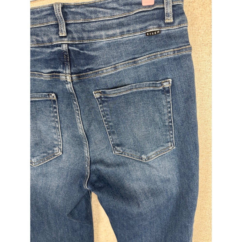 Risen Jeans Medium Wash High Rise Flare Raw Hem Denim Size 11 Waist 30 - Picture 5 of 7